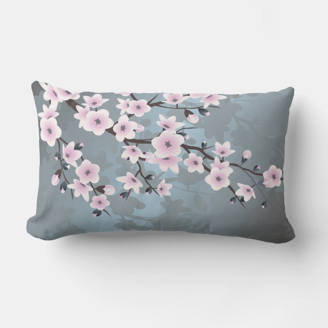 Cherry Blossoms Floral Dusty Pink Blue Lumbar Pillow (Front)