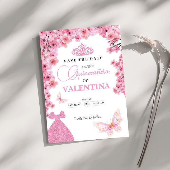 Cherry Blossoms floral pink Butterfly Quinceañera Save The Date (Creator Uploaded)