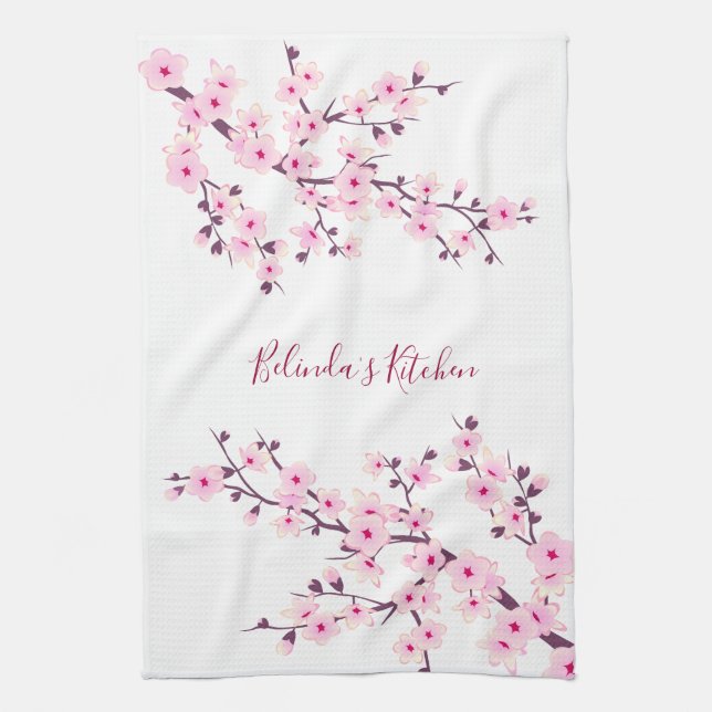 Cherry Blossoms  Floral Pink White Personalize Kitchen Towel (Vertical)