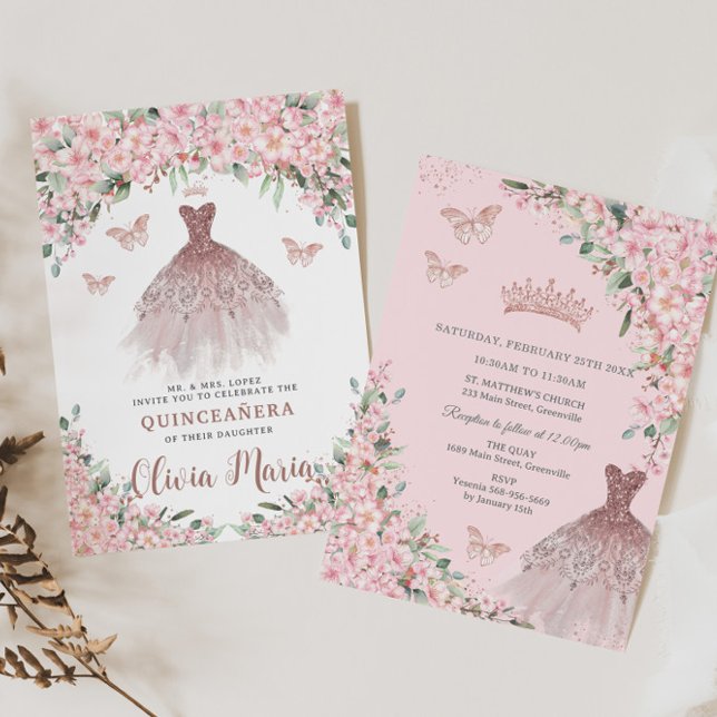 Cherry Blossoms Floral Rose Gold Dress Quinceañera Invitation (Creator Uploaded)