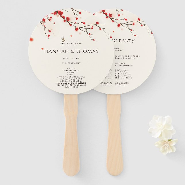 Cherry Blossoms Floral Wedding Program Hand Fan (Front and Back)