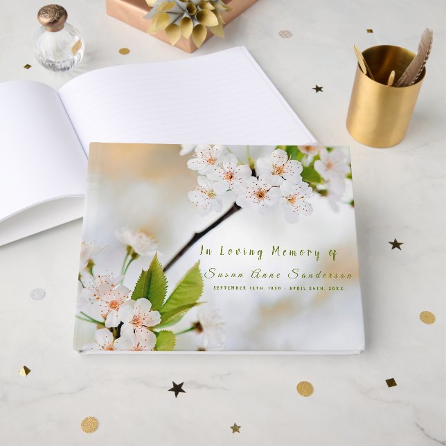 Cherry Blossoms Funeral Memorial Guest Book (Front Open)