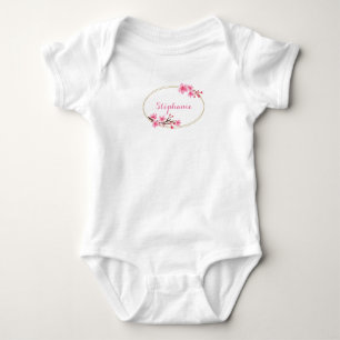Cherry Blossoms - Gold Oval Frame - Personalized Baby Bodysuit