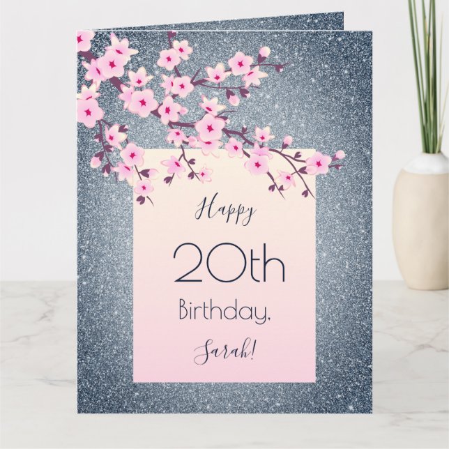 Cherry Blossoms Happy Birthday Dark Blue Glitter Card (Front)