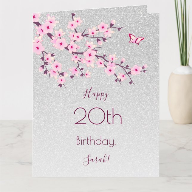 Cherry Blossoms Happy Birthday Silver Glitter Card (Front)