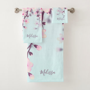 Cherry Blossoms Illustrative Landscape Pink Blue Bath Towel Set