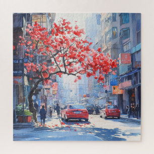Cherry Blossoms in Cityscape Scene Jigsaw Puzzle