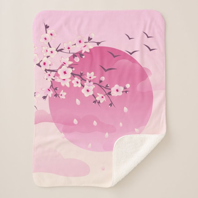 Cherry Blossoms Japanese Landscape Pink Sherpa Blanket (Front)