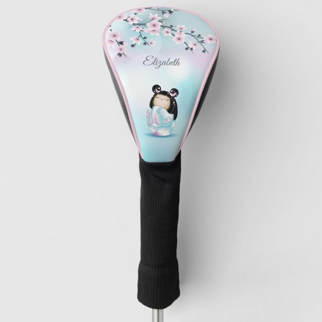 Cherry Blossoms Kokeshi Doll Add Name Golf Head Cover (Front)