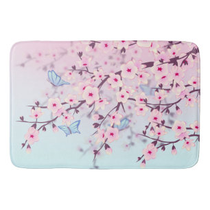 Cherry Blossoms Landscape Pink Sky Blue Bath Mat