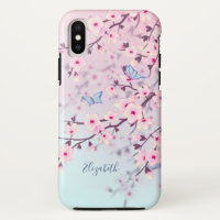 Cherry Blossoms Landscape Pink Turquoise Monogram