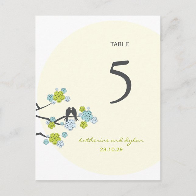 Cherry Blossoms Love Birds Wedding Table Number Postcard (Front)