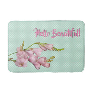 Cherry Blossoms Mint Green Dots Hello Beautiful! Bath Mat