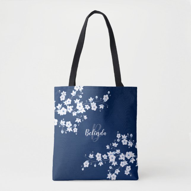 Cherry Blossoms Navy Blue White Monogram Tote Bag (Front)