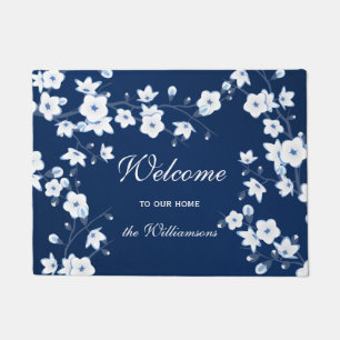 Cherry Blossoms Navy Blue White Welcome Doormat