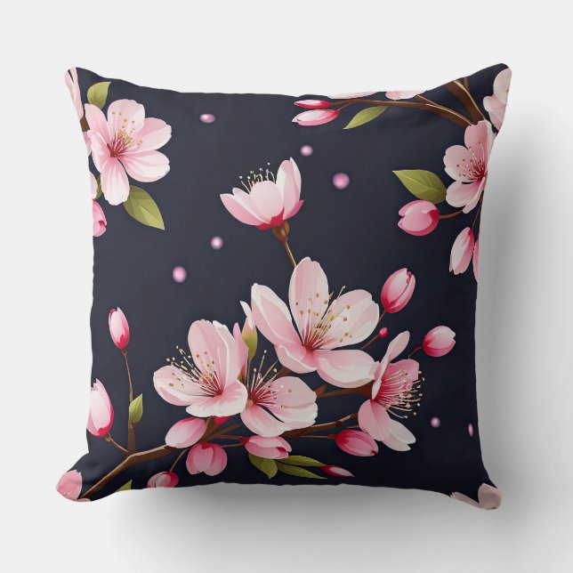 Cherry Blossoms on Blue Throw Pillow (Front)