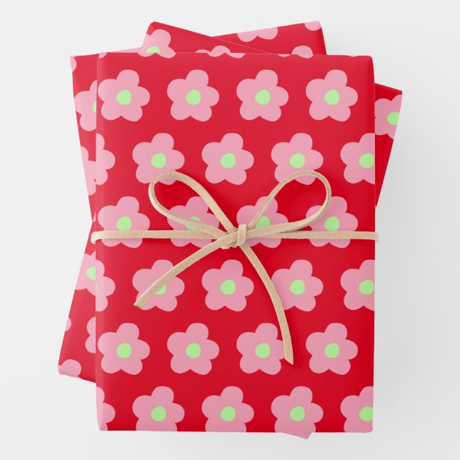 Cherry Blossoms on Red Wrapping Paper Sheet (In situ)