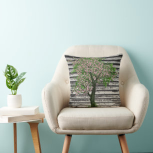 Cherry Blossoms on Rustic Wood Throw Pillow