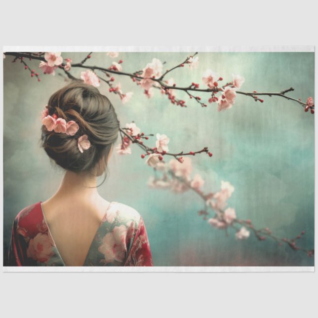 Cherry Blossoms Oriental Girl Turquoise Blue Tissue Paper (Front)