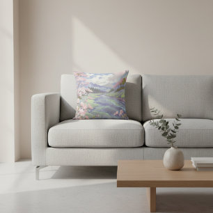 Cherry Blossoms Pastel Watercolor Landscape Throw Pillow