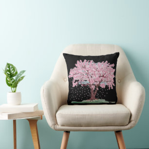 CHERRY BLOSSOMS PINK AND BLACK Throw Pillow