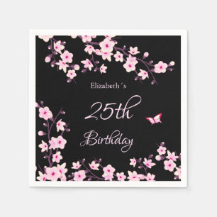 Cherry Blossoms Pink Black Custom Birthday Napkin