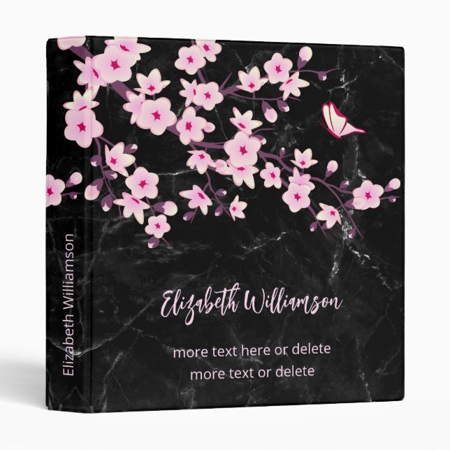 Cherry Blossoms Pink Black Marble Custom Binder (Front/Spine)