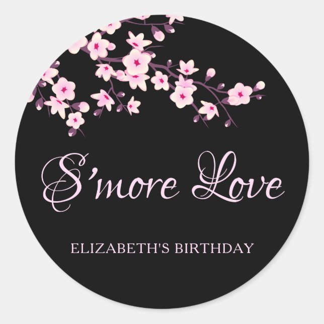 Cherry Blossoms Pink Black S'more Love Classic Round Sticker (Front)