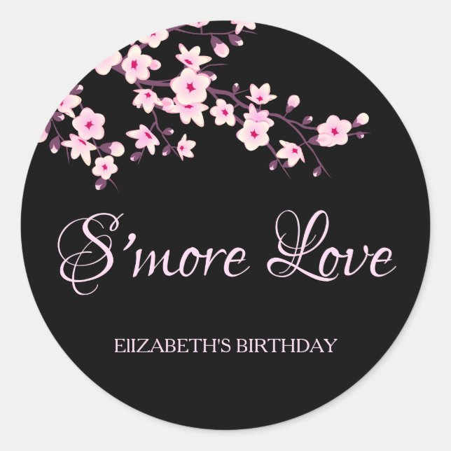 Cherry Blossoms Pink Black S'more Love Classic Round Sticker (Front)