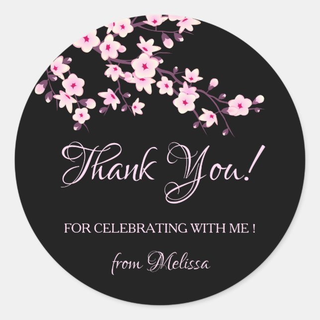 Cherry Blossoms Pink Black Thank You Classic Round Sticker (Front)