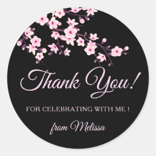 Cherry Blossoms Pink Black Thank You Classic Round Sticker