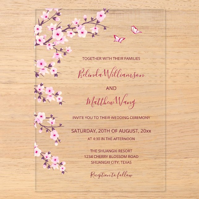 Cherry Blossoms Pink Clear Wedding Acrylic Invitations (Front)