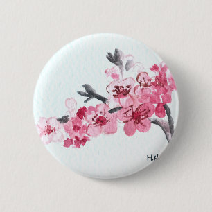 Cherry blossoms pink flowers baby shower 2 inch round button