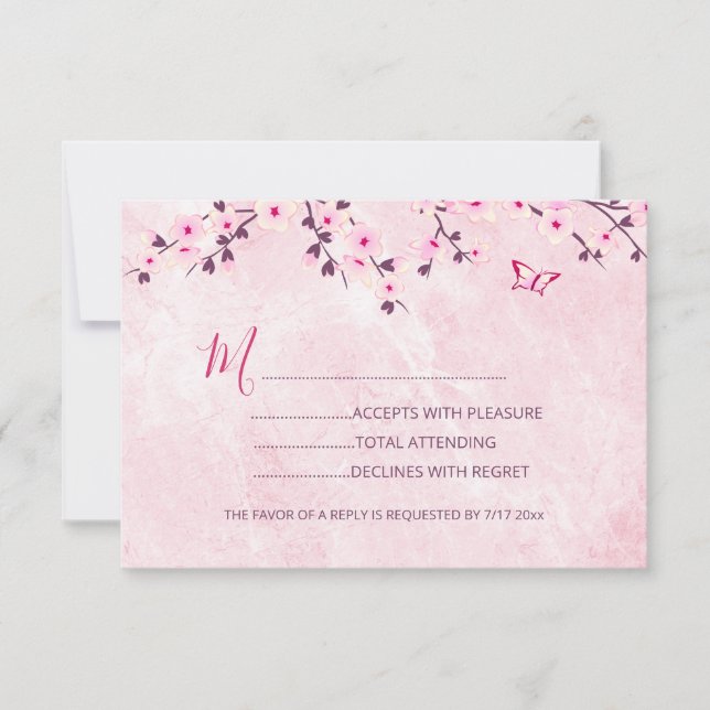 Cherry Blossoms  Pink  Girl Baby Shower RSVP (Front)