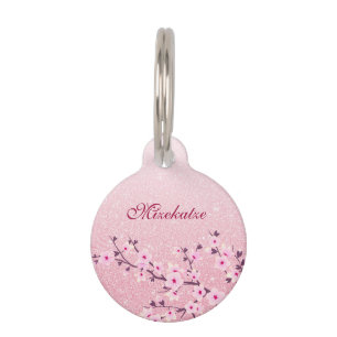 Cherry Blossoms Pink Glitter Personalize Pet ID Ta Pet Tag