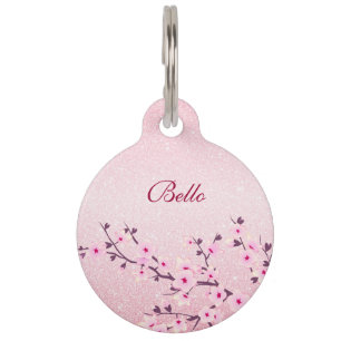 Cherry Blossoms Pink Glitter Personalize Pet Tag