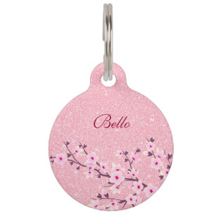 Cherry Blossoms Pink Glitter Personalize Pet Tag