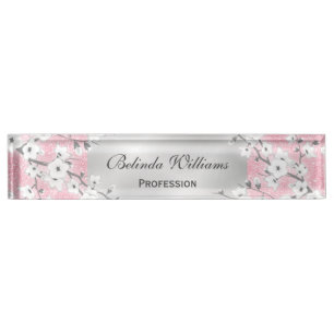 Cherry Blossoms Pink Glitter Silver Nameplate