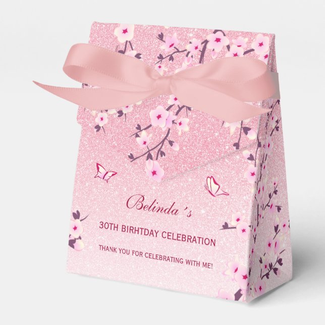 Cherry Blossoms Pink Glitter Thank You Birthday  Favor Box (Front Side)