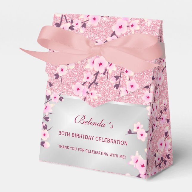 Cherry Blossoms Pink Glitter Thank Your Birthday Favor Box (Front Side)