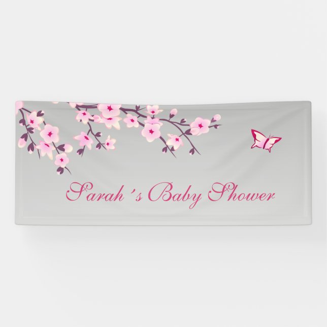 Cherry Blossoms  Pink Grey Custom Baby Shower Banner (Horizontal)