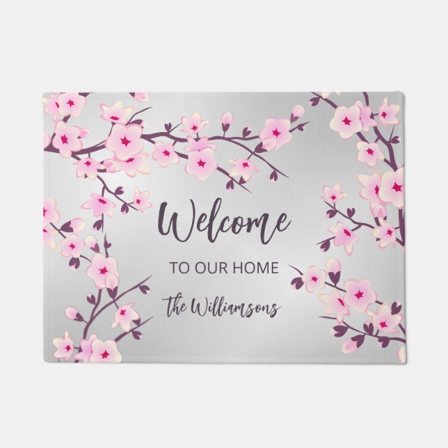 Cherry Blossoms Pink Grey Family Name Welcome Doormat (Front)