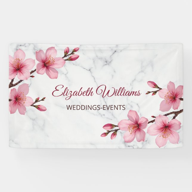 Cherry Blossoms Pink Grey Marble Banner (Horizontal)