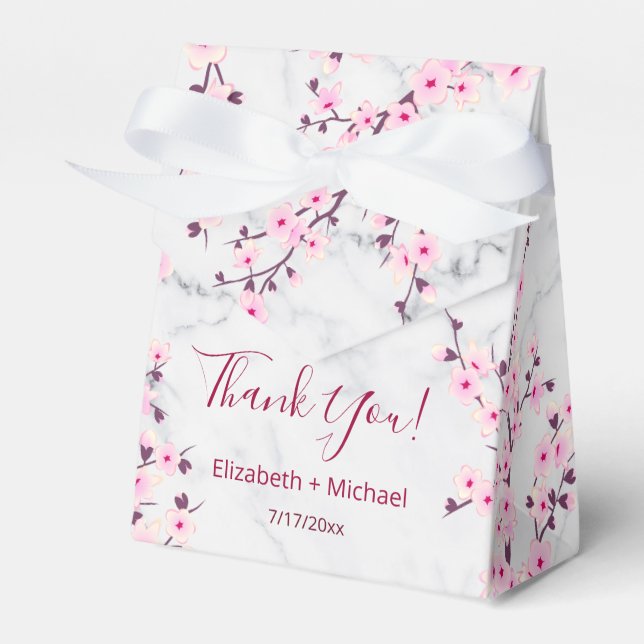 Cherry Blossoms Pink Grey Marble Personalized Favor Box (Front Side)