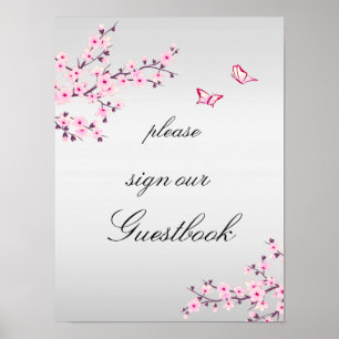 Cherry Blossoms Pink Grey Sign Guestbook 