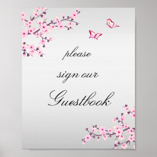 Cherry Blossoms Pink Grey Sign Guestbook 