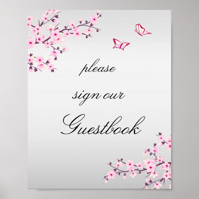 Cherry Blossoms Pink Grey Sign Guestbook  (Front)