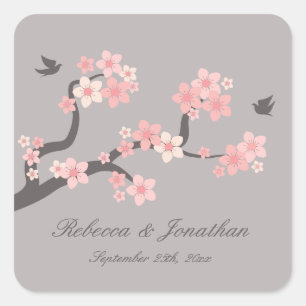 Cherry Blossoms pink/grey square sticker