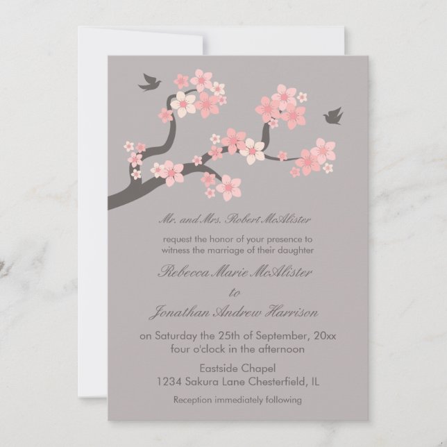 Cherry Blossoms Pink/Grey Wedding Invitation (Front)