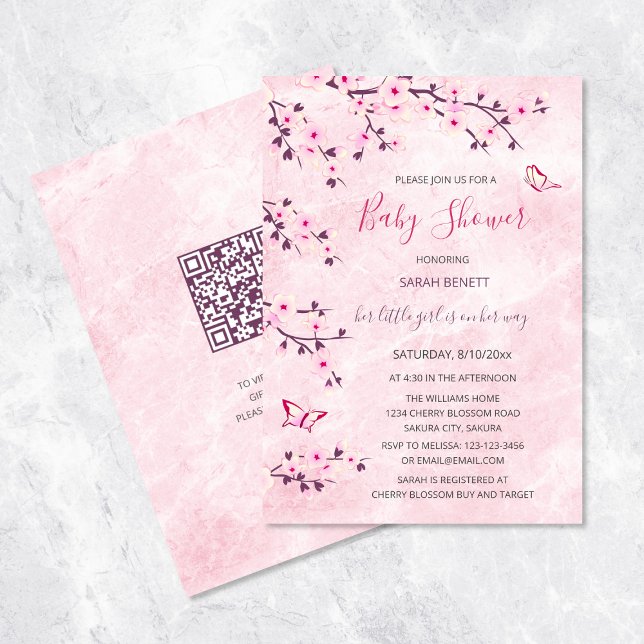 Cherry Blossoms Pink Marble Floral Baby Shower Invitation (Creator Uploaded)